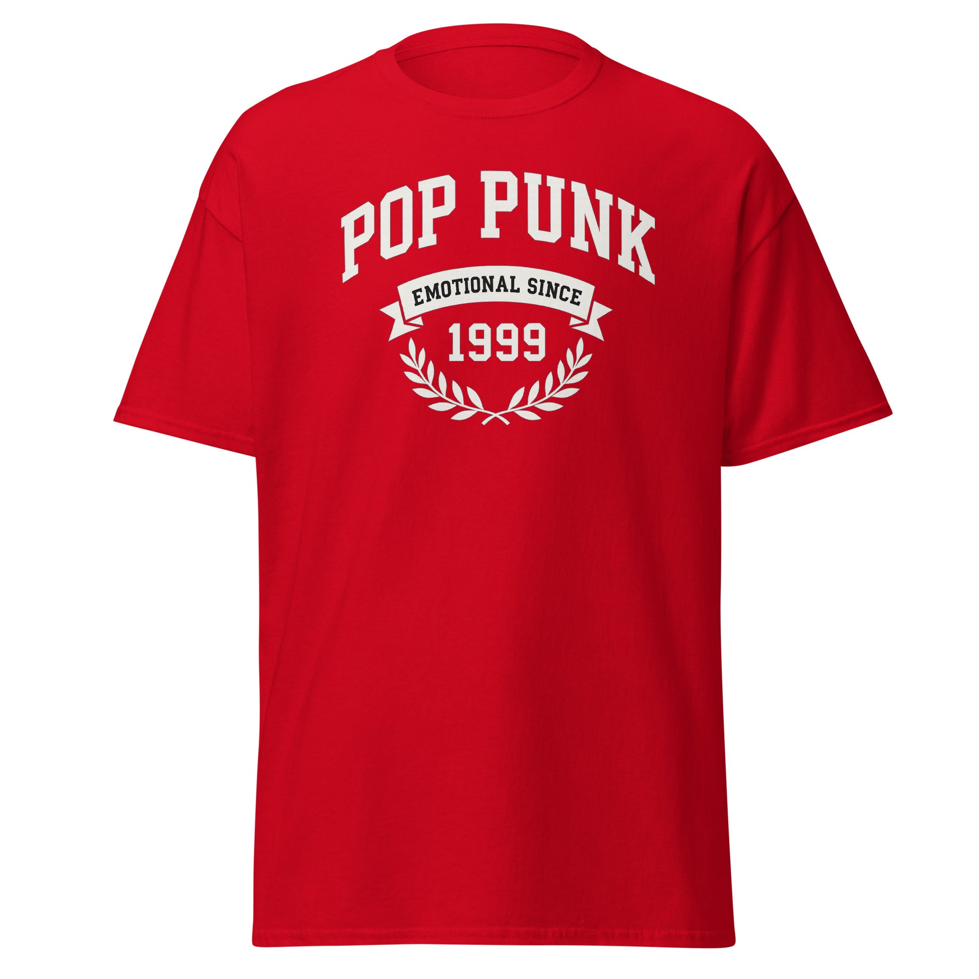 Red t-shirt with 'Pop Punk Emotional Since 1999' text on a white background