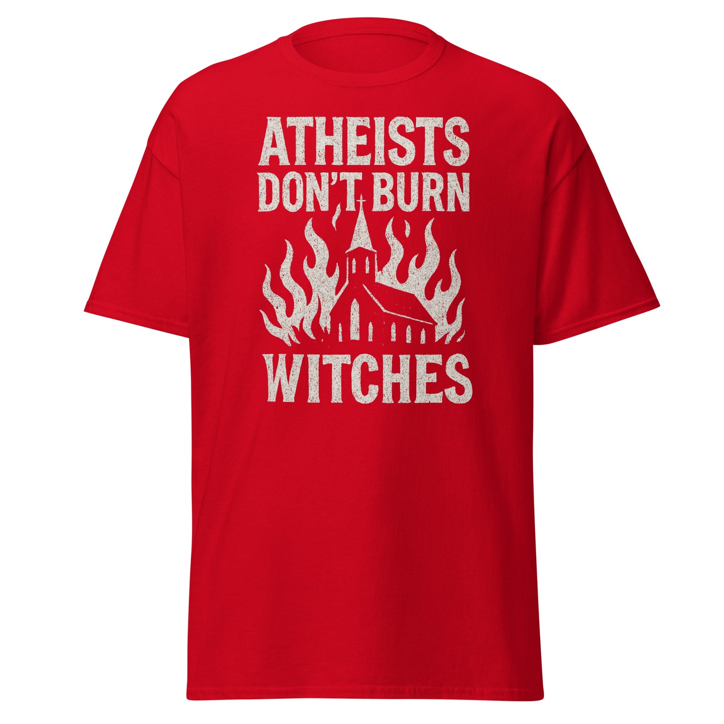 Red t-shirt with white text and graphic design on a white background