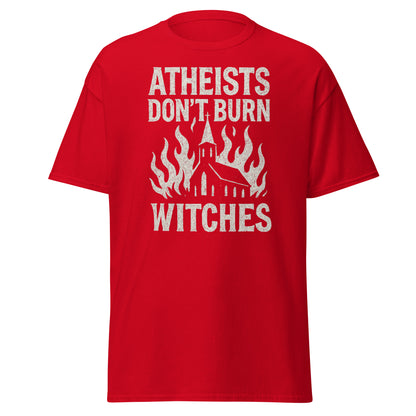 Red t-shirt with white text and graphic design on a white background
