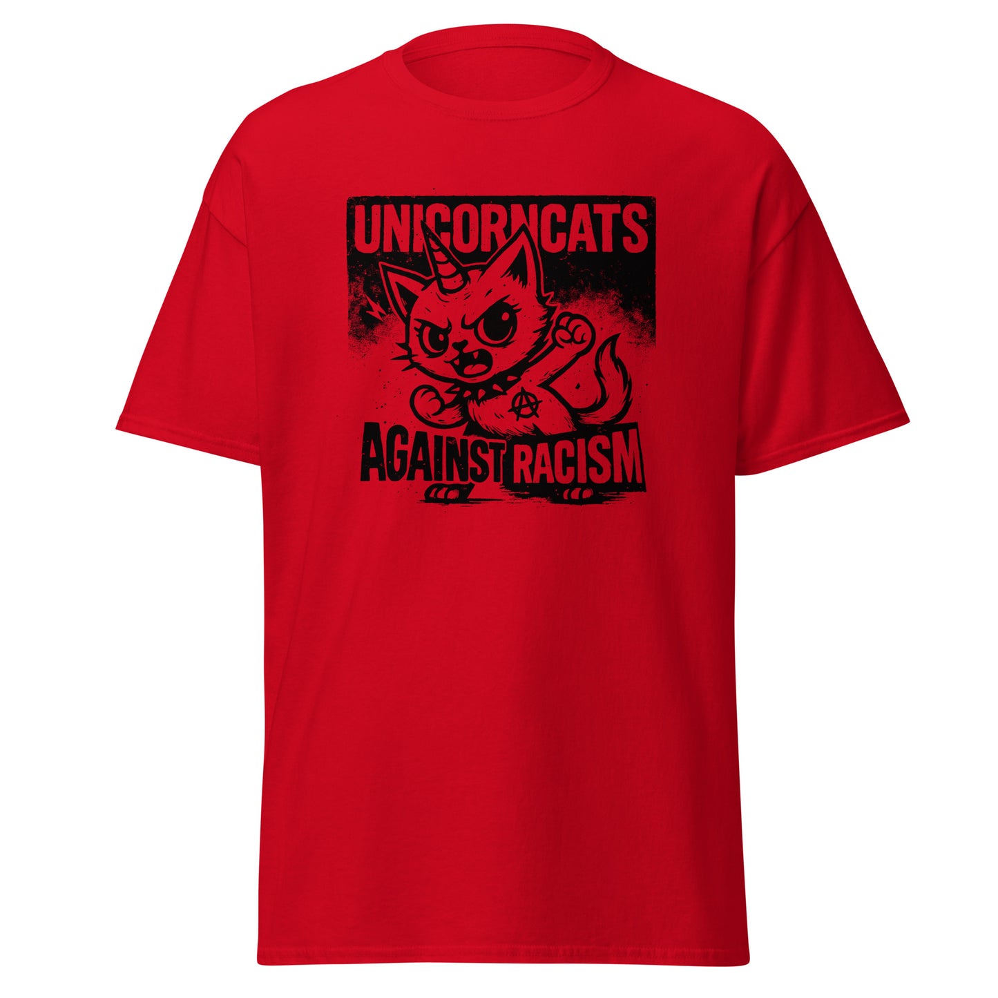 Red shirt with a unicorncat and the slogan "Unicorncats against racism"