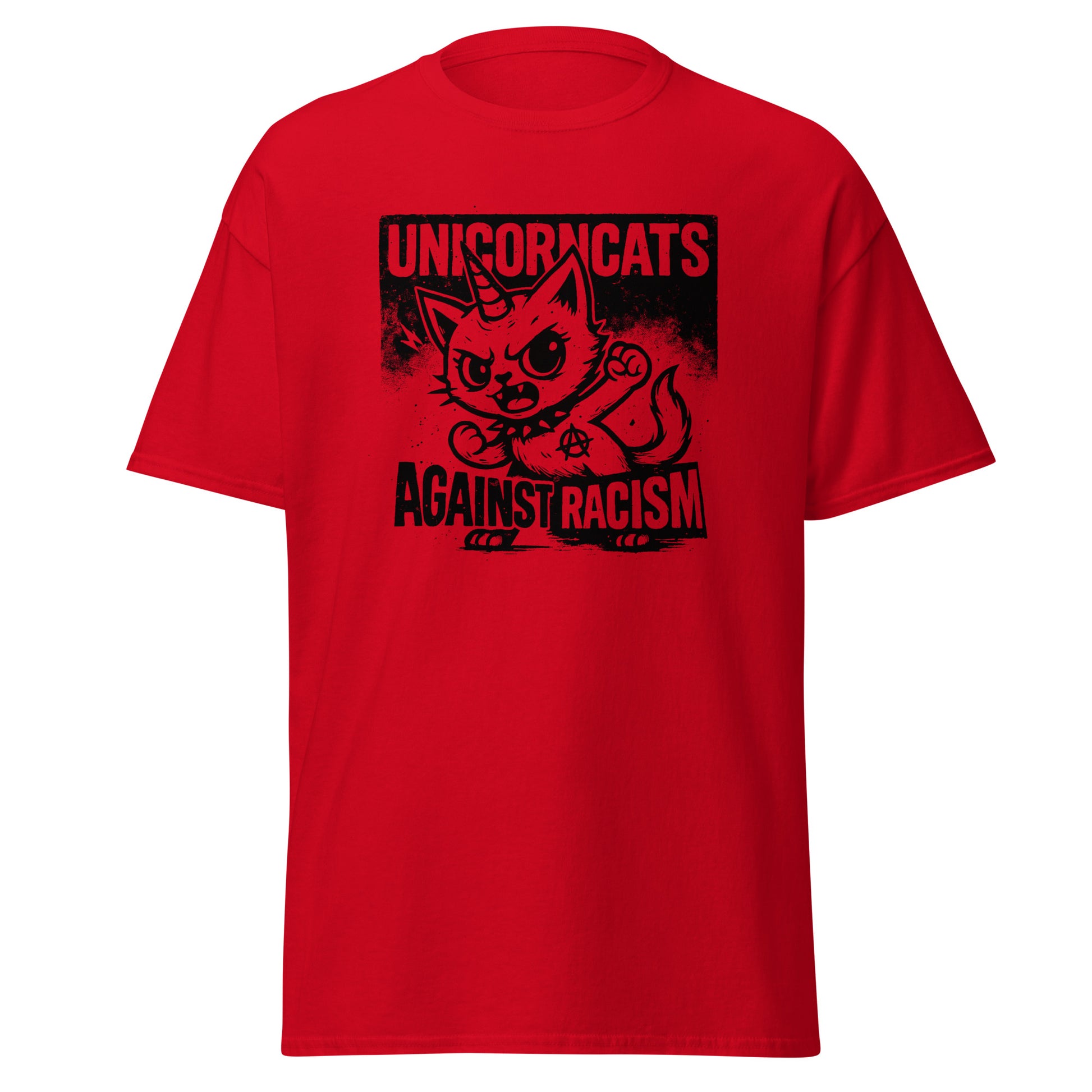 Red shirt with a unicorncat and the slogan "Unicorncats against racism"