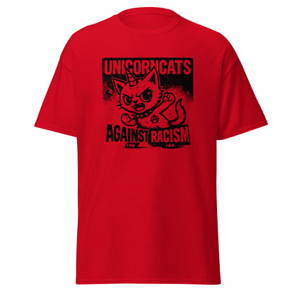 Red shirt with a unicorncat and the slogan "Unicorncats against racism"