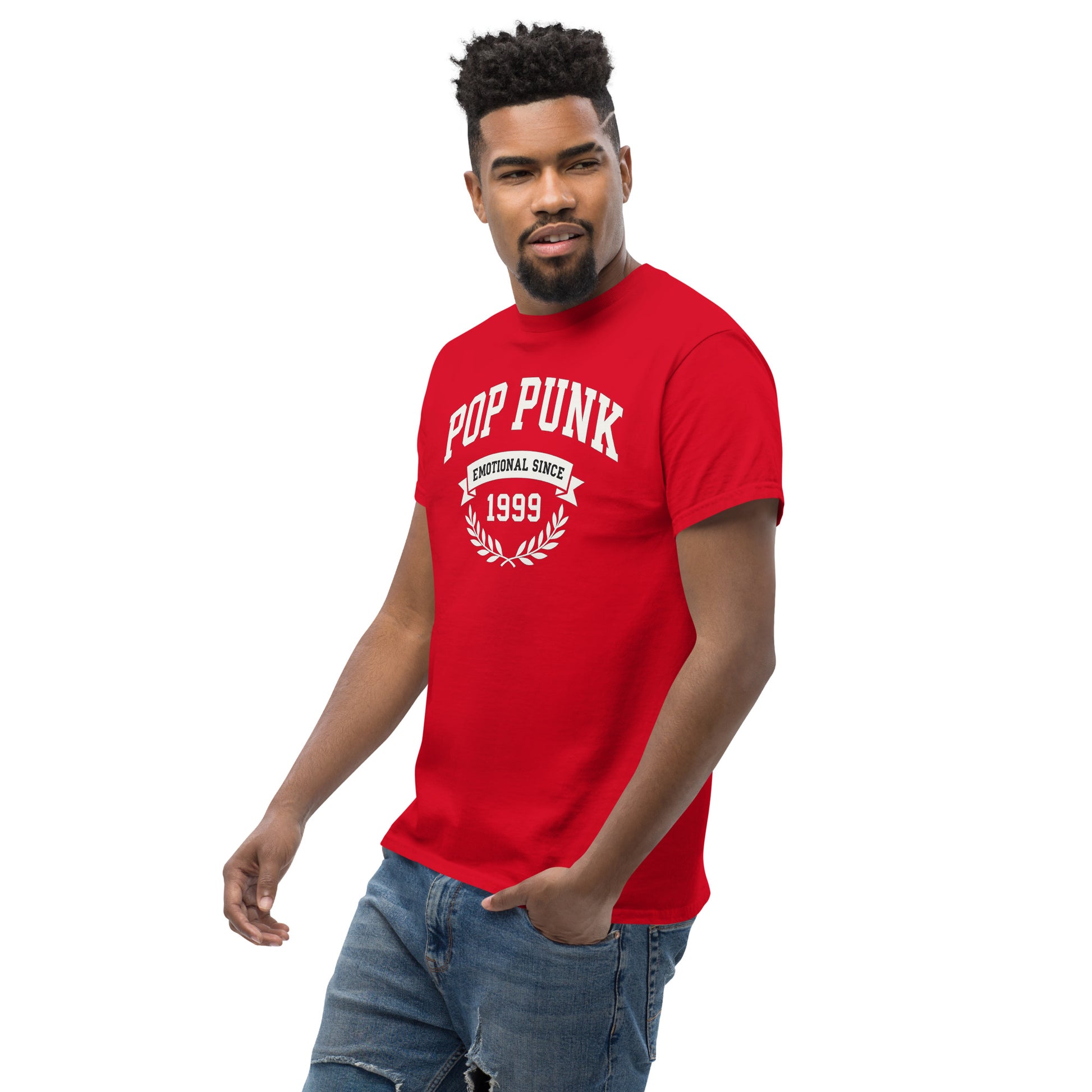 Man wearing a red 'Pop Punk' t-shirt on a white background