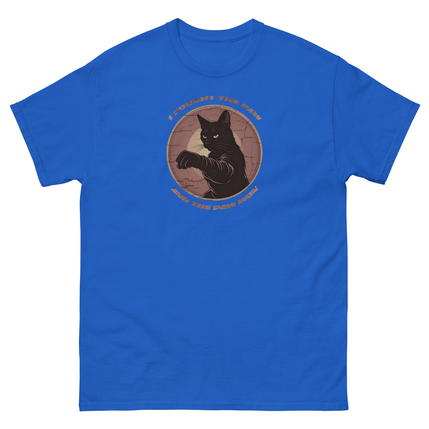 Blue t-shirt with a black cat graphic and text on a white background