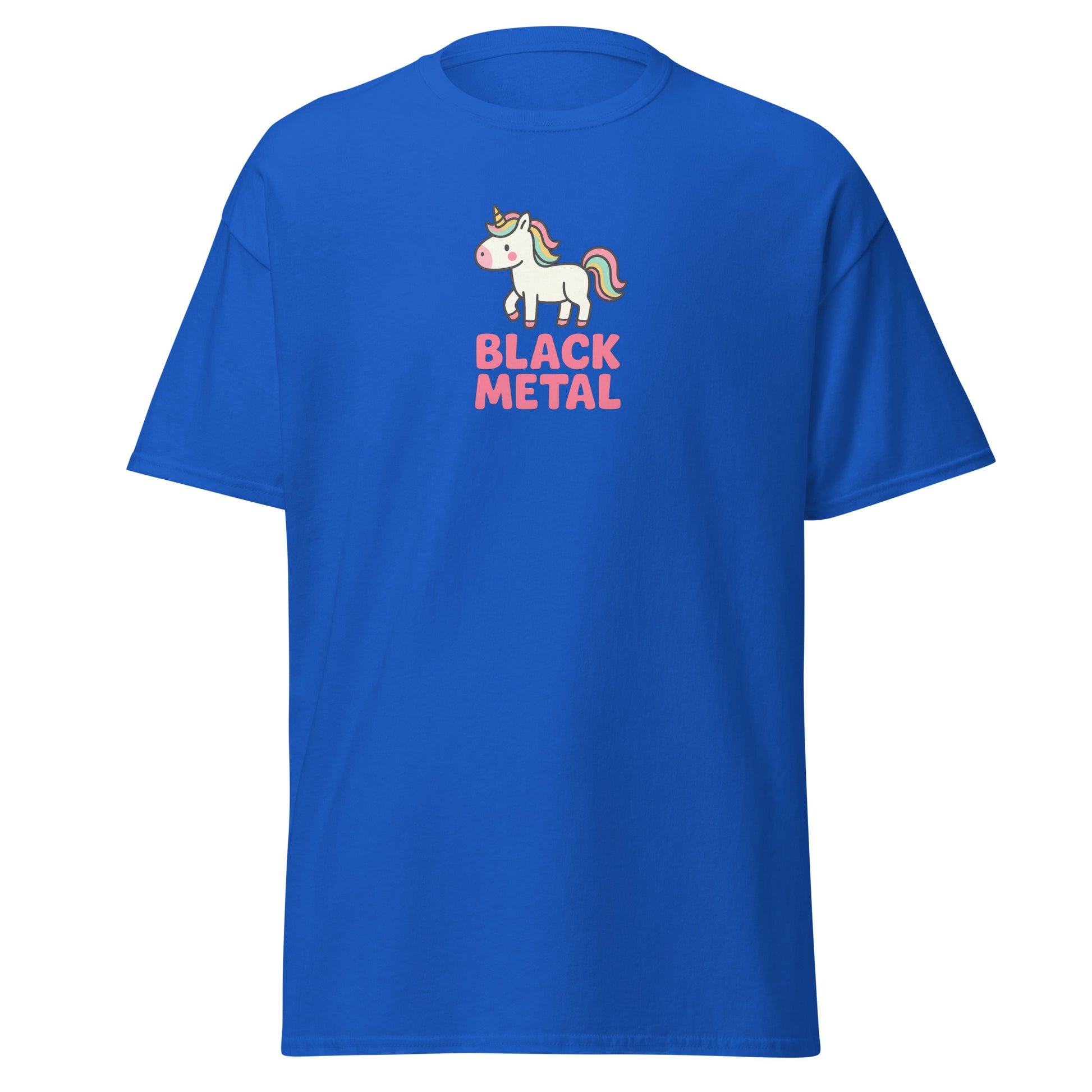 Blue t-shirt with a unicorn graphic and 'Black Metal' text on a white background