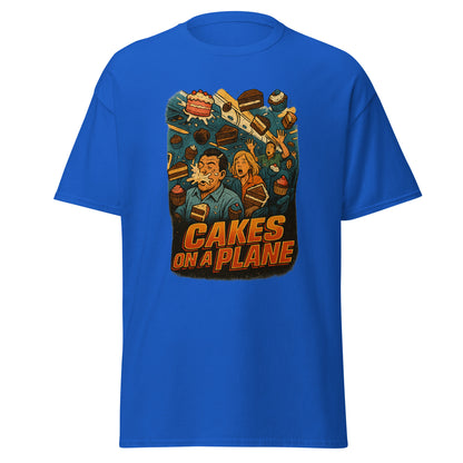 Blue t-shirt with 'Cakes on a Plane' graphic design on a white background