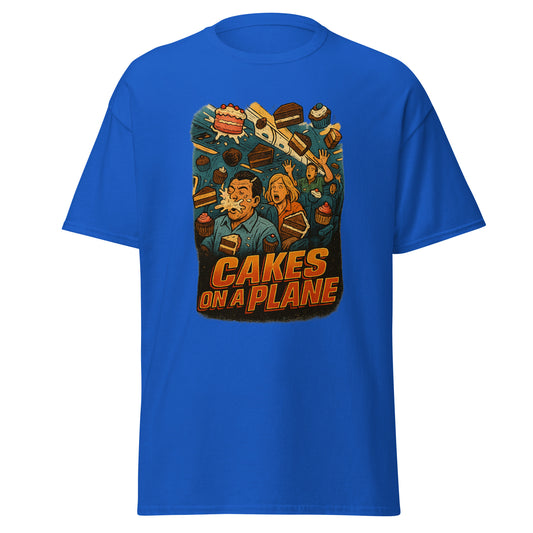 Blue t-shirt with 'Cakes on a Plane' graphic design on a white background