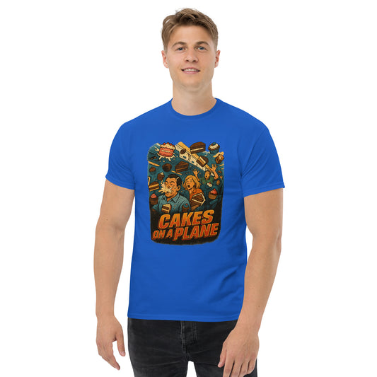 Person wearing a blue t-shirt with a graphic design and text on a white background