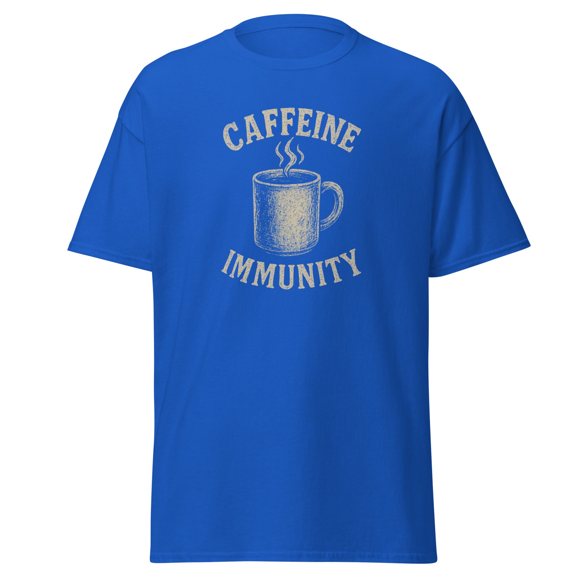 Blue t-shirt with a graphic of a coffee cup and text 'CAFFEINE IMMUNITY' on a white background
