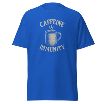 Blue t-shirt with a graphic of a coffee cup and text 'CAFFEINE IMMUNITY' on a white background