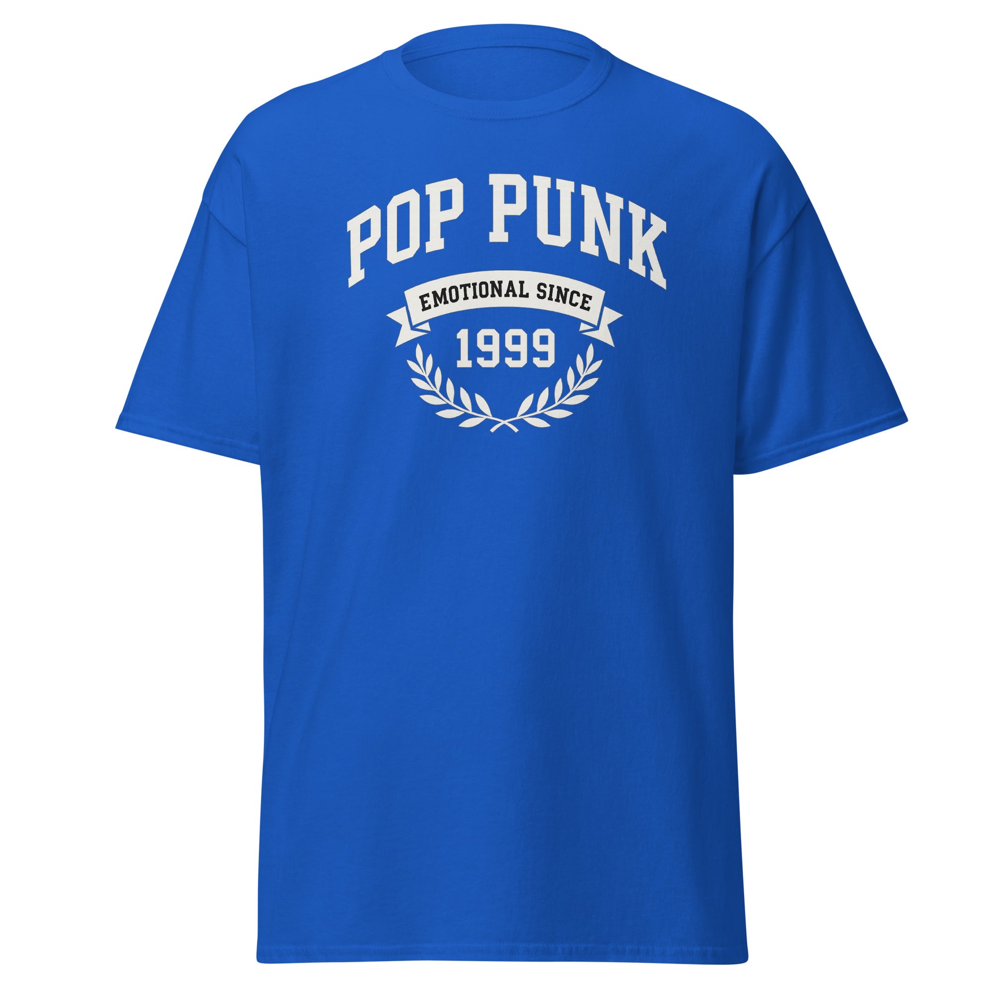 Blue t-shirt with 'Pop Punk Emotional Since 1999' text on a white background