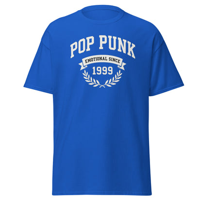 Blue t-shirt with 'Pop Punk Emotional Since 1999' text on a white background