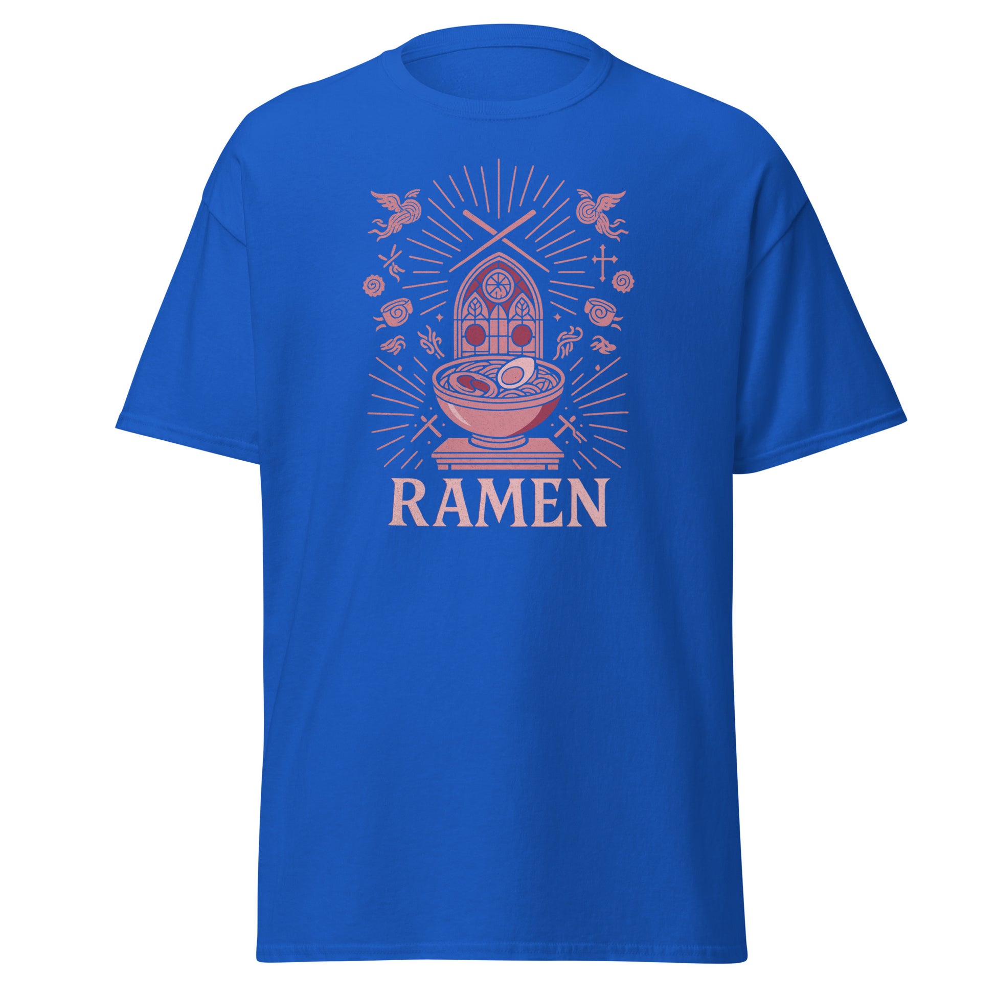Blue t-shirt with a ramen graphic and 'RAMEN' text on a white background