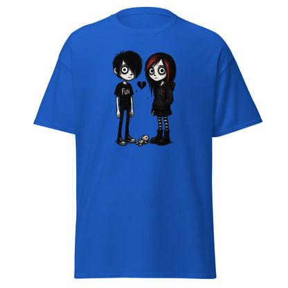 Blue t-shirt with cartoon characters and text on a white background