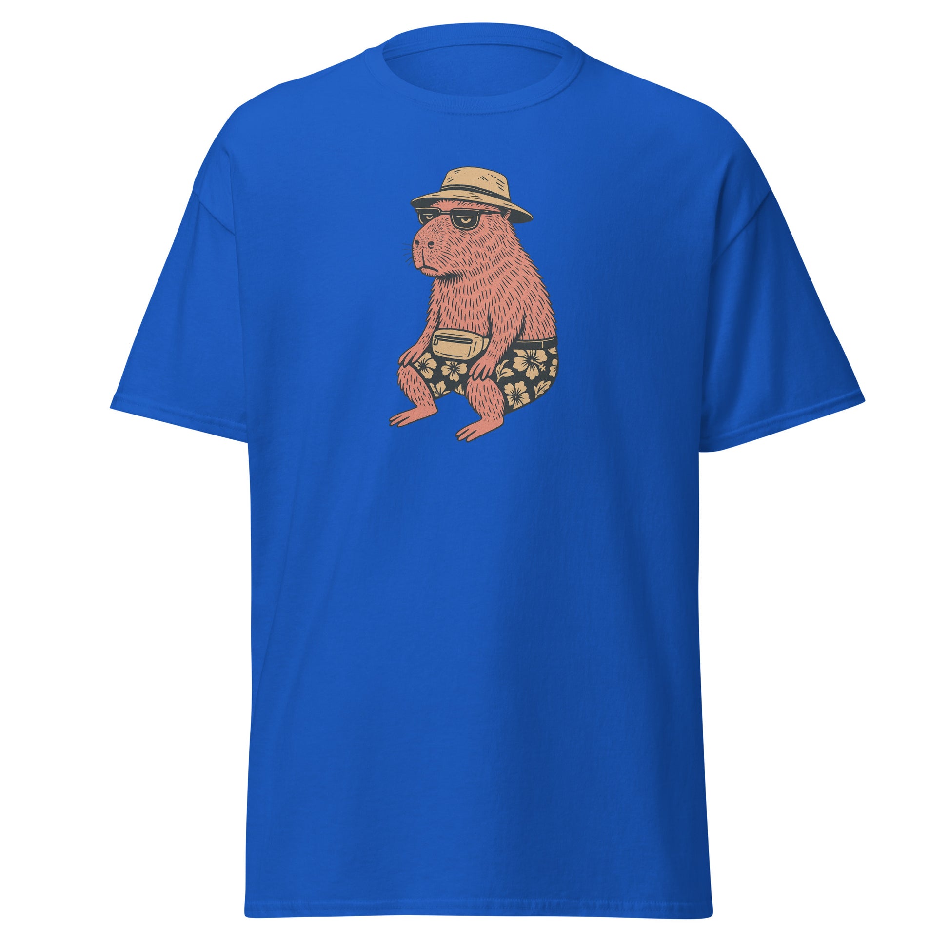 Blue Unisex Happybara t-shirt with quirky animal design, front view