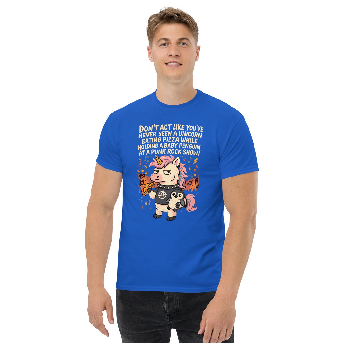 Person wearing a blue t-shirt with a cartoon design and text on a white background