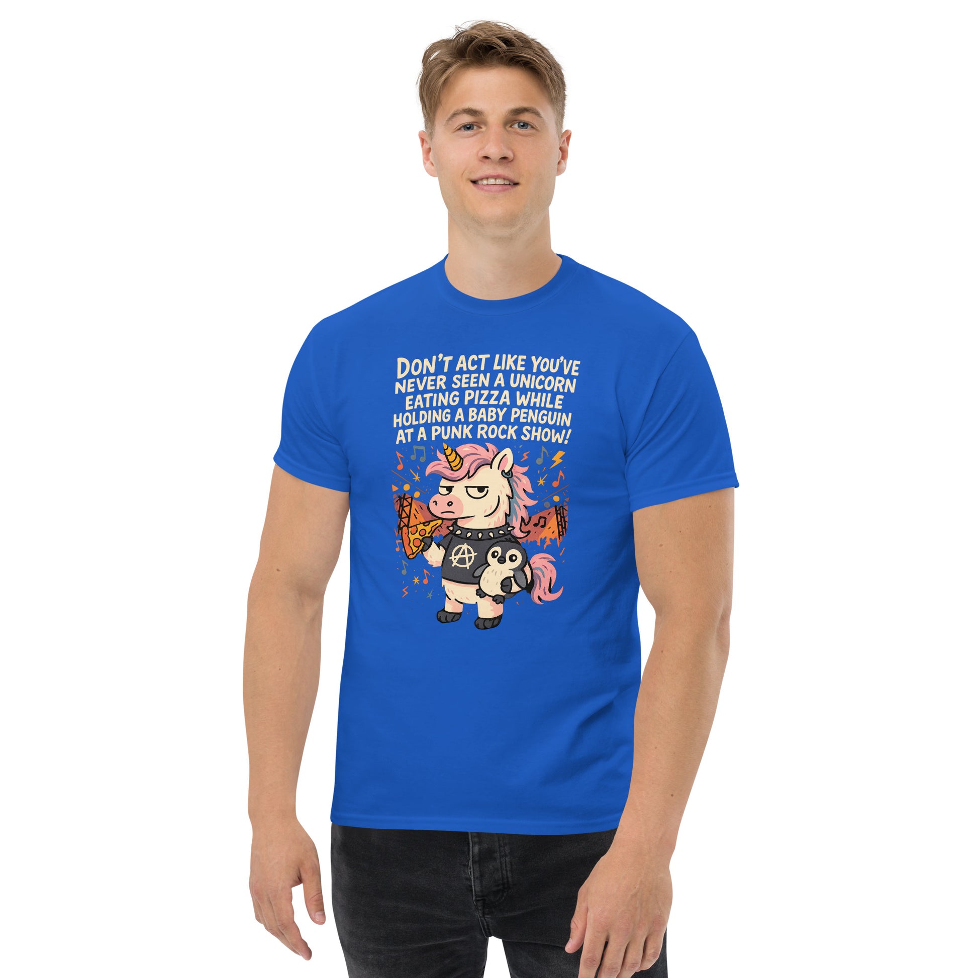 Person wearing a blue t-shirt with a cartoon design and text on a white background