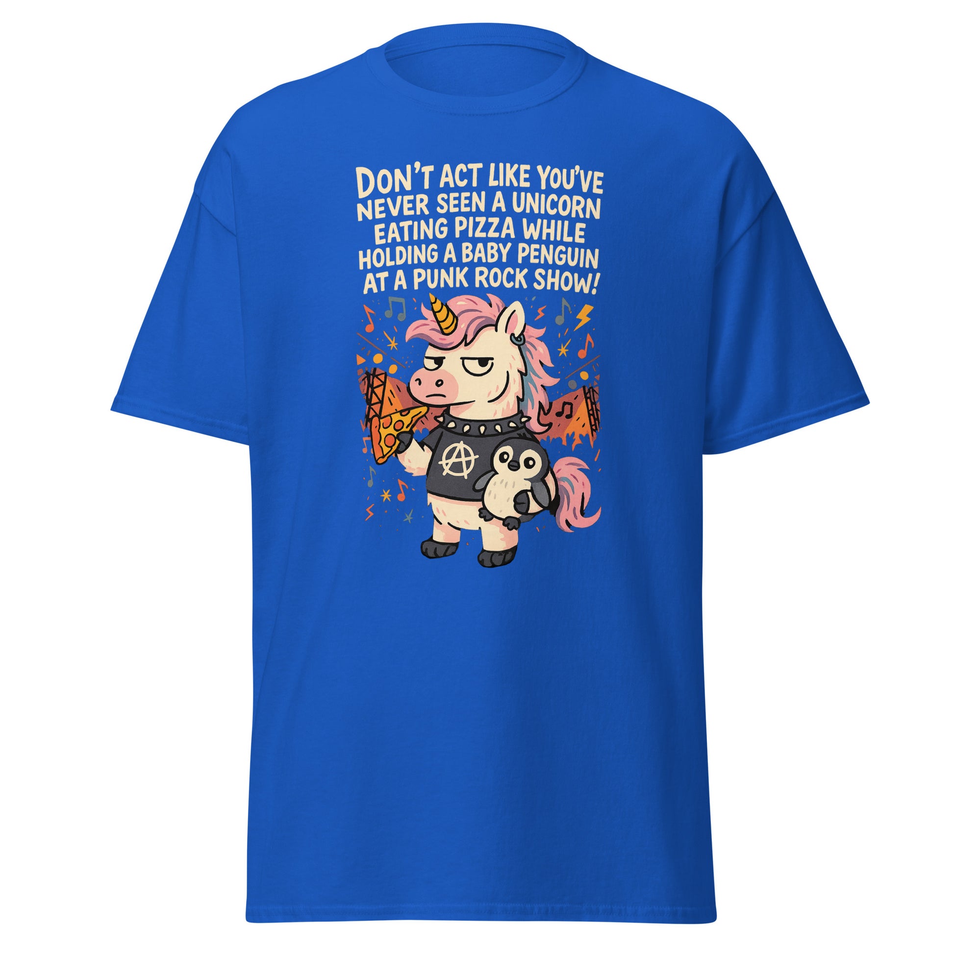 Blue t-shirt with a unicorn holding a baby penguin and text on a white background
