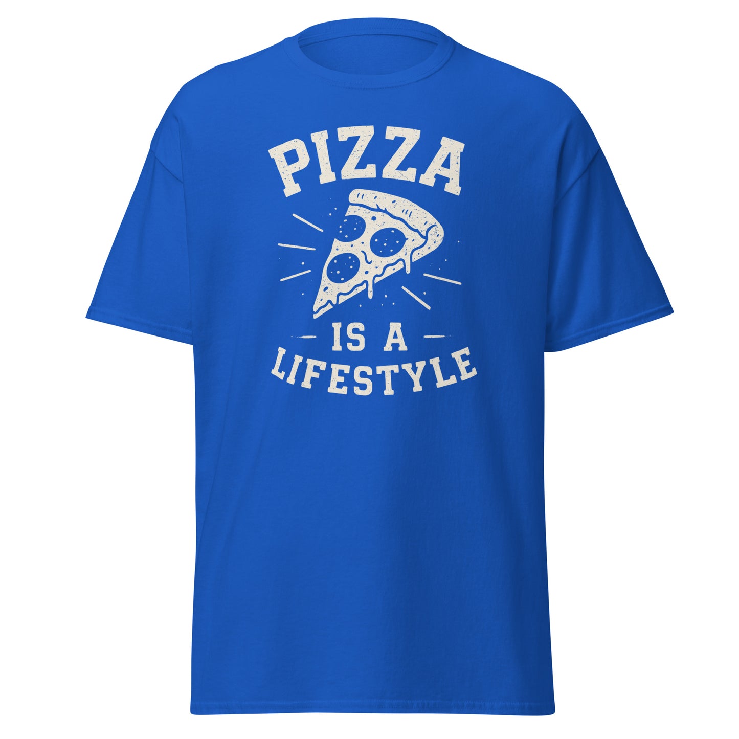 Blue t-shirt with 'Pizza is a Lifestyle' text and pizza slice graphic on a white background