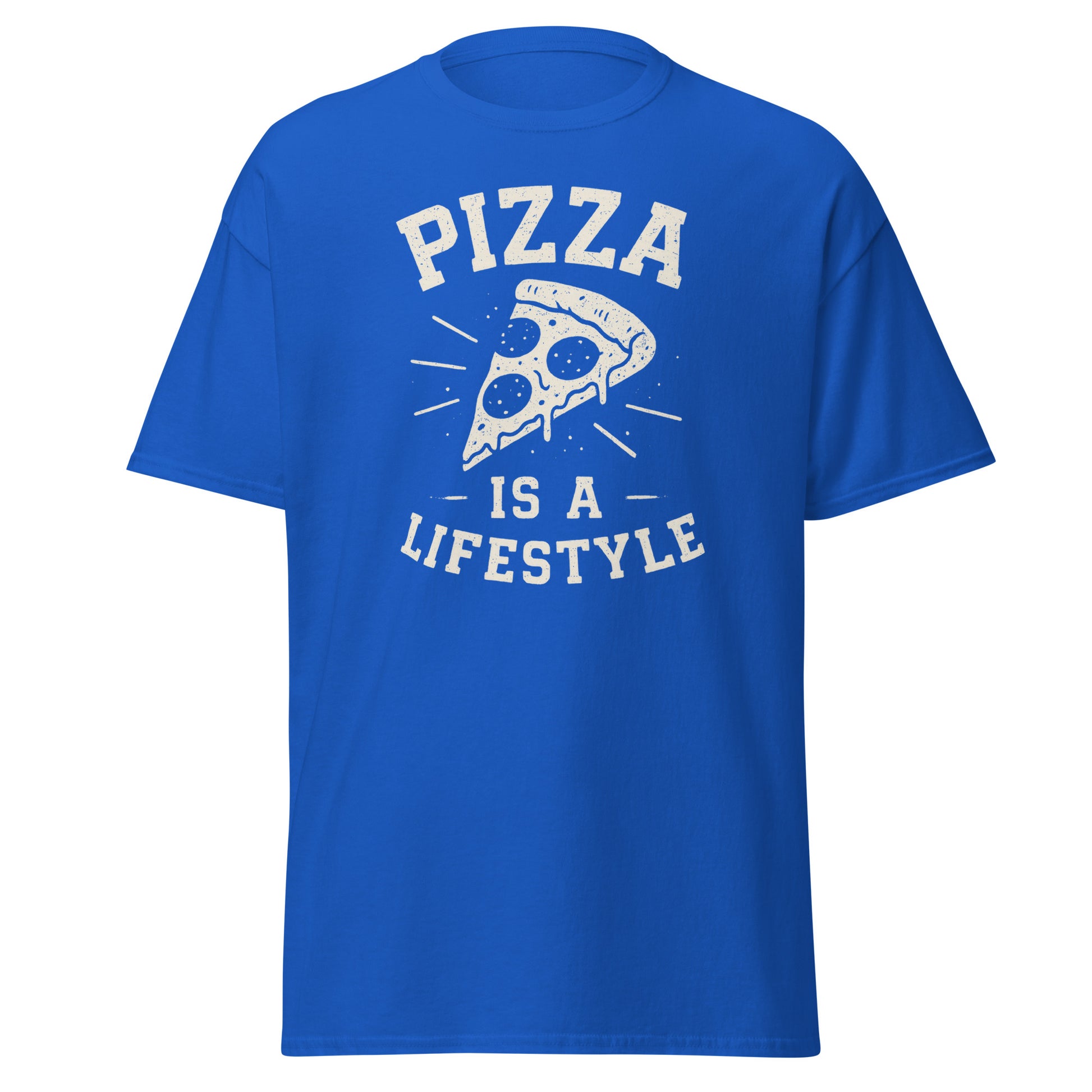 Blue t-shirt with 'Pizza is a Lifestyle' text and pizza slice graphic on a white background