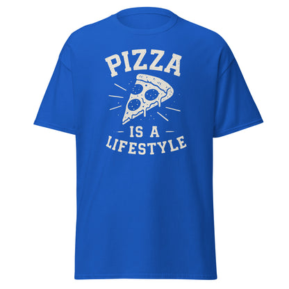 Blue t-shirt with 'Pizza is a Lifestyle' text and pizza slice graphic on a white background