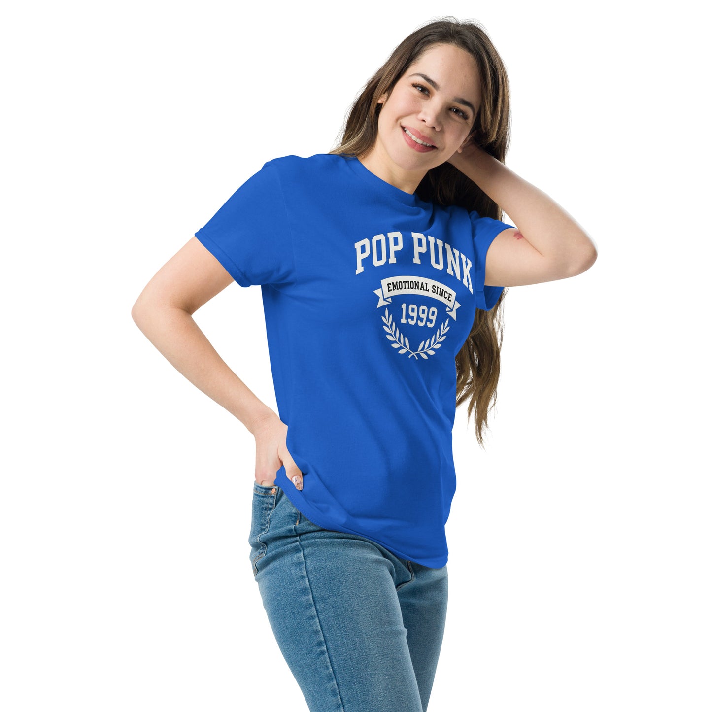 Woman wearing a blue t-shirt with 'Pop Punk Emotional Since 1999' text on a white background