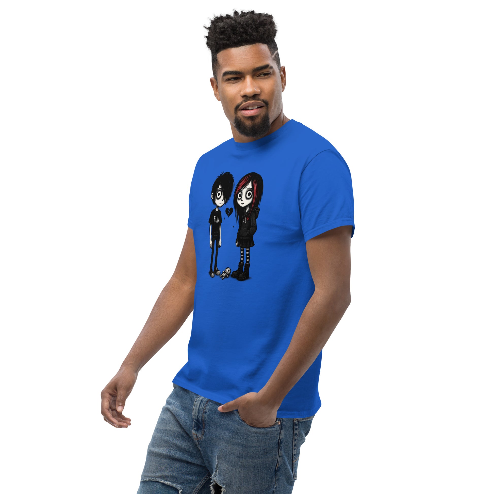Man wearing a blue t-shirt with a graphic design on a white background