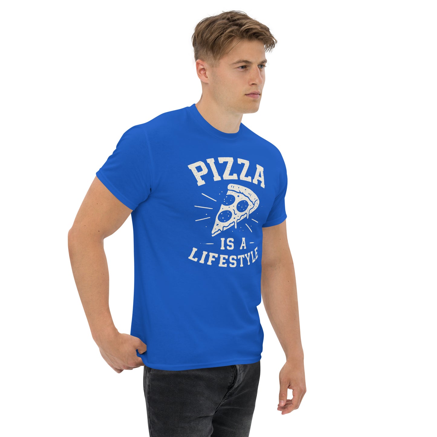 Man wearing a blue t-shirt with 'Pizza is a Lifestyle' text and graphic on a white background