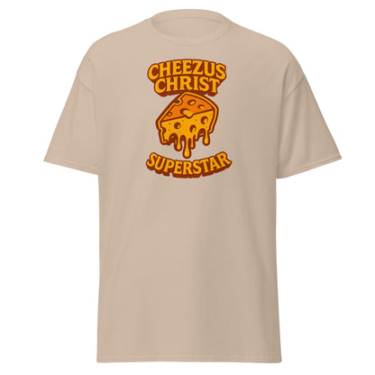 Beige t-shirt with 'Cheezus Christ Superstar' graphic design on a white background