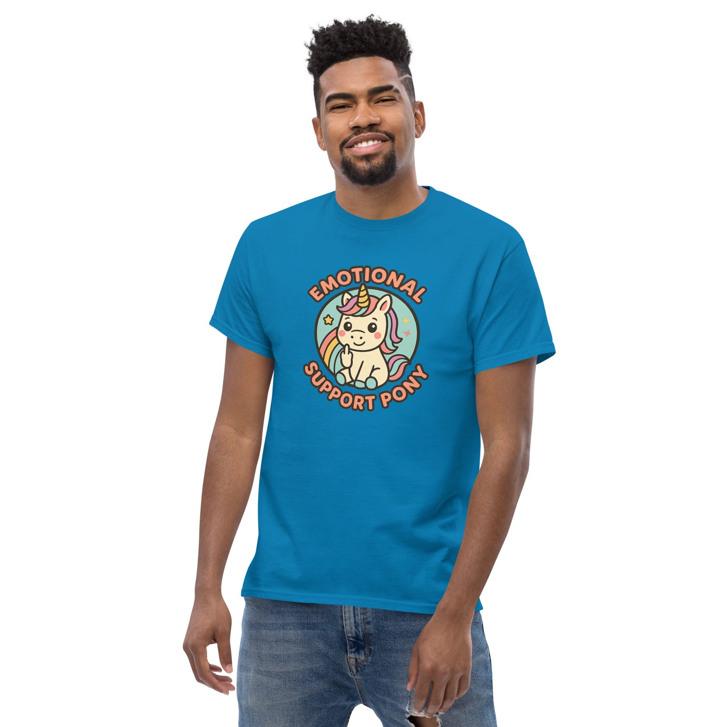 Man wearing light blue shirt showing a cute pony/unicorn hugging a heart with the words ‘Emotional support pony’