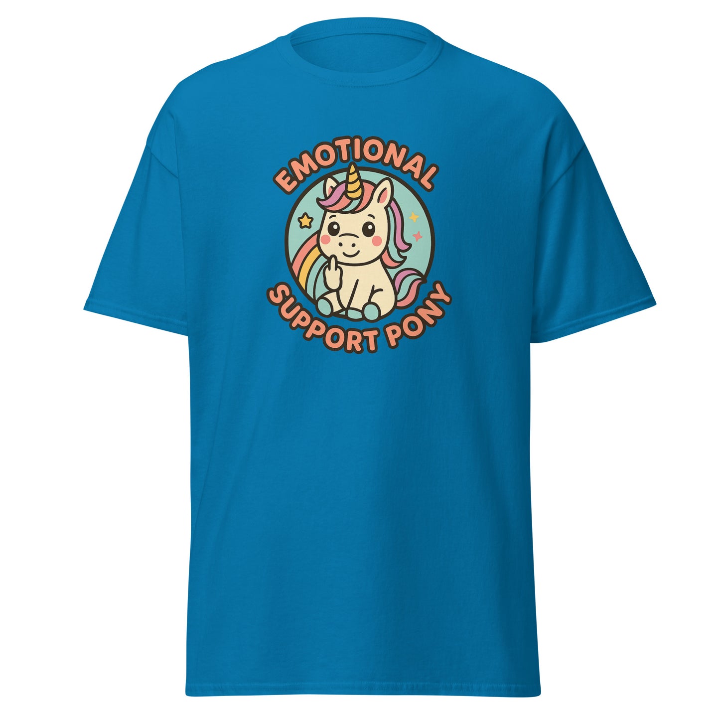 Blue t-shirt with a unicorn graphic and text on a white background