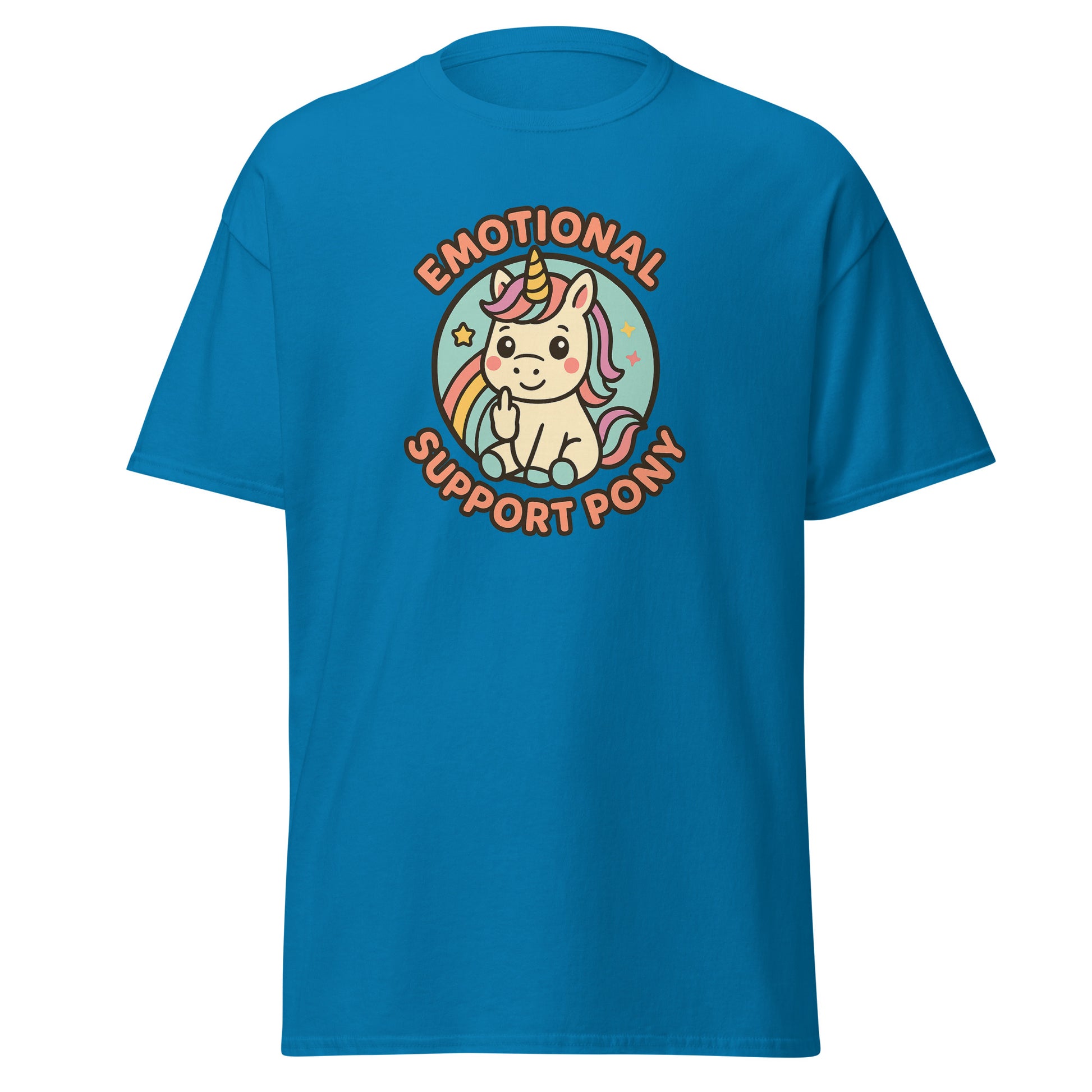 Blue t-shirt with a unicorn graphic and text on a white background
