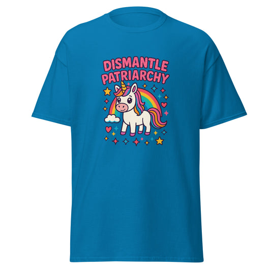 Blue t-shirt with a unicorn graphic and 'Dismantle Patriarchy' text on a white background