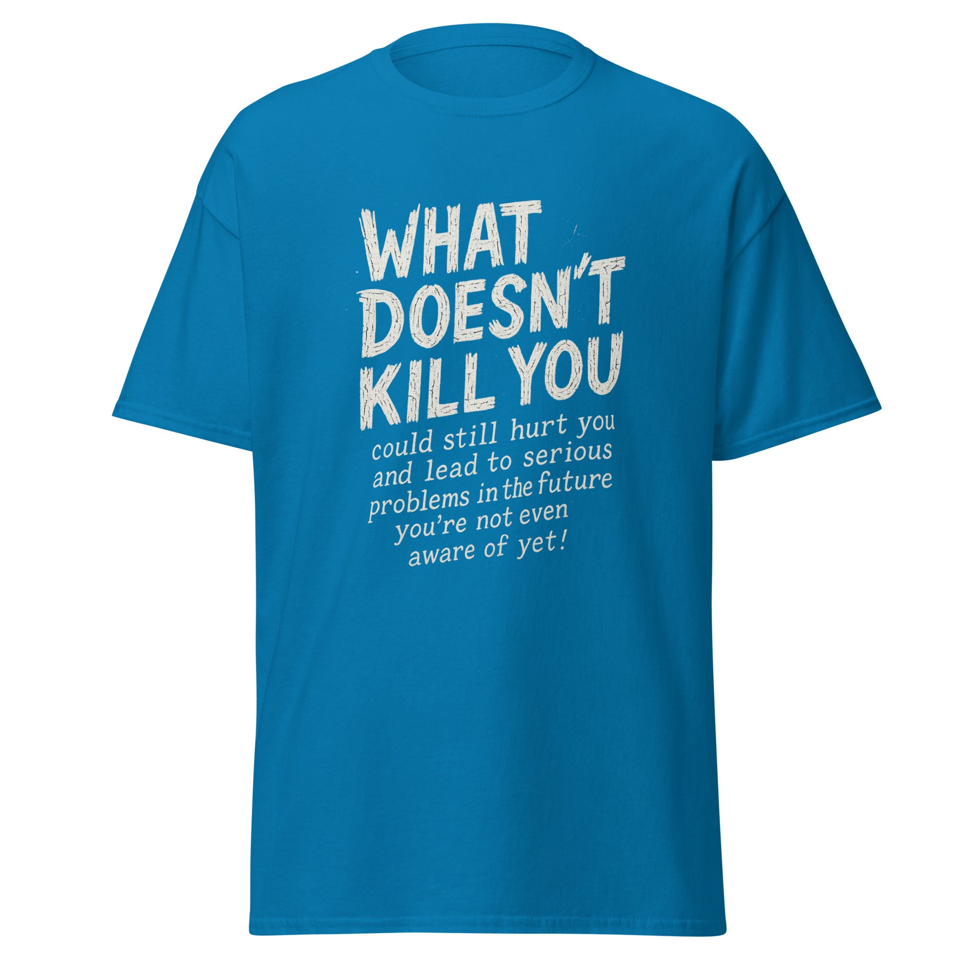 Blue t-shirt with white text on a white background