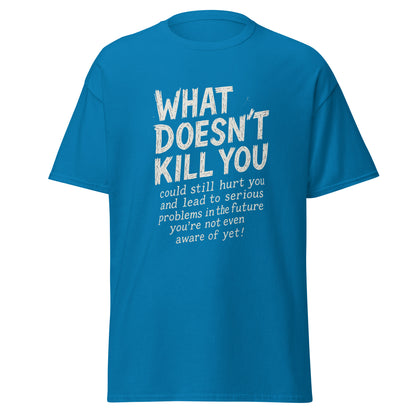 Blue t-shirt with white text on a white background