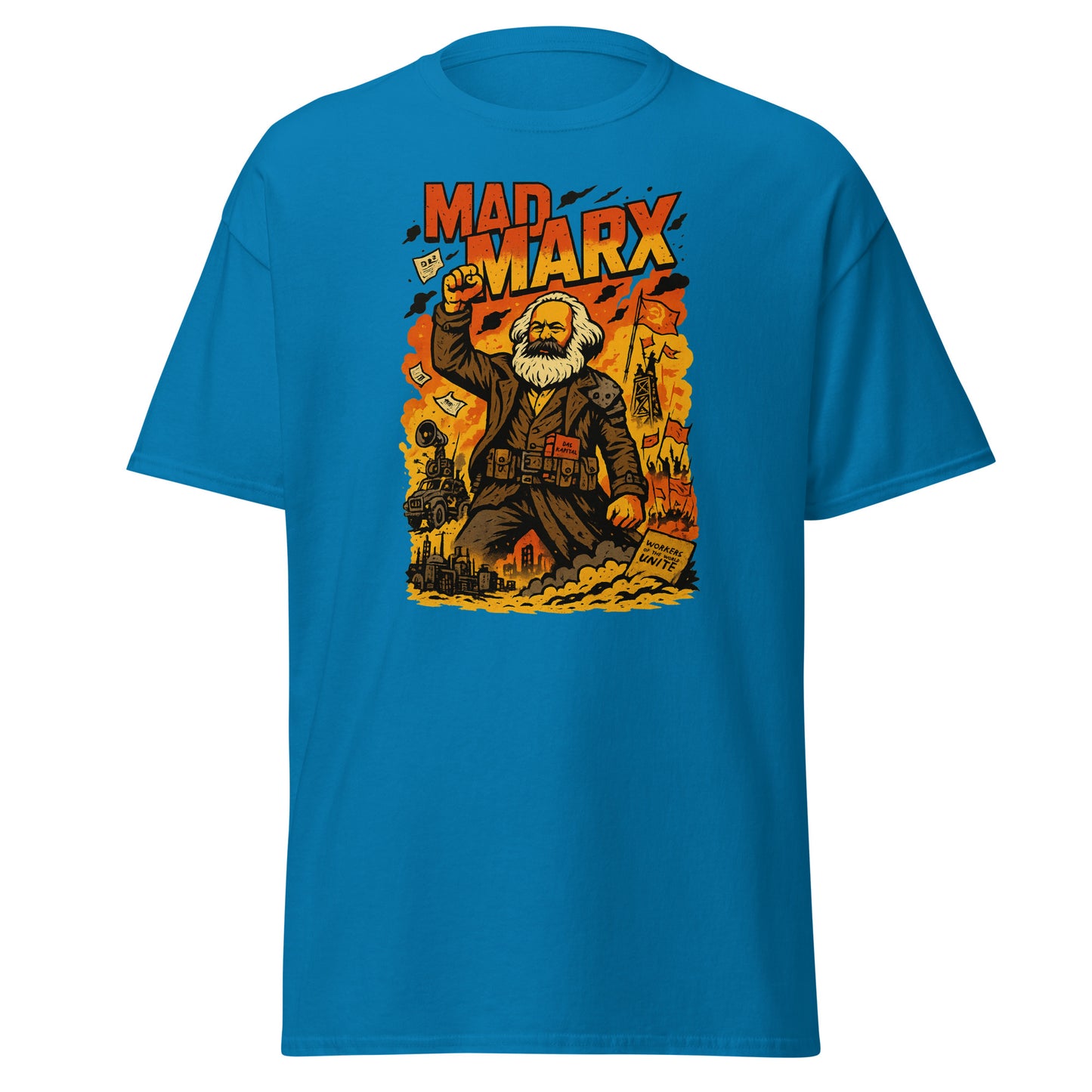 Blue t-shirt with a graphic of a character holding a gun and text 'Mad Marx' on a white background