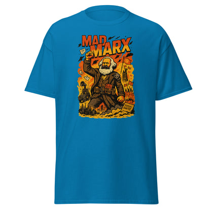Blue t-shirt with a graphic of a character holding a gun and text 'Mad Marx' on a white background