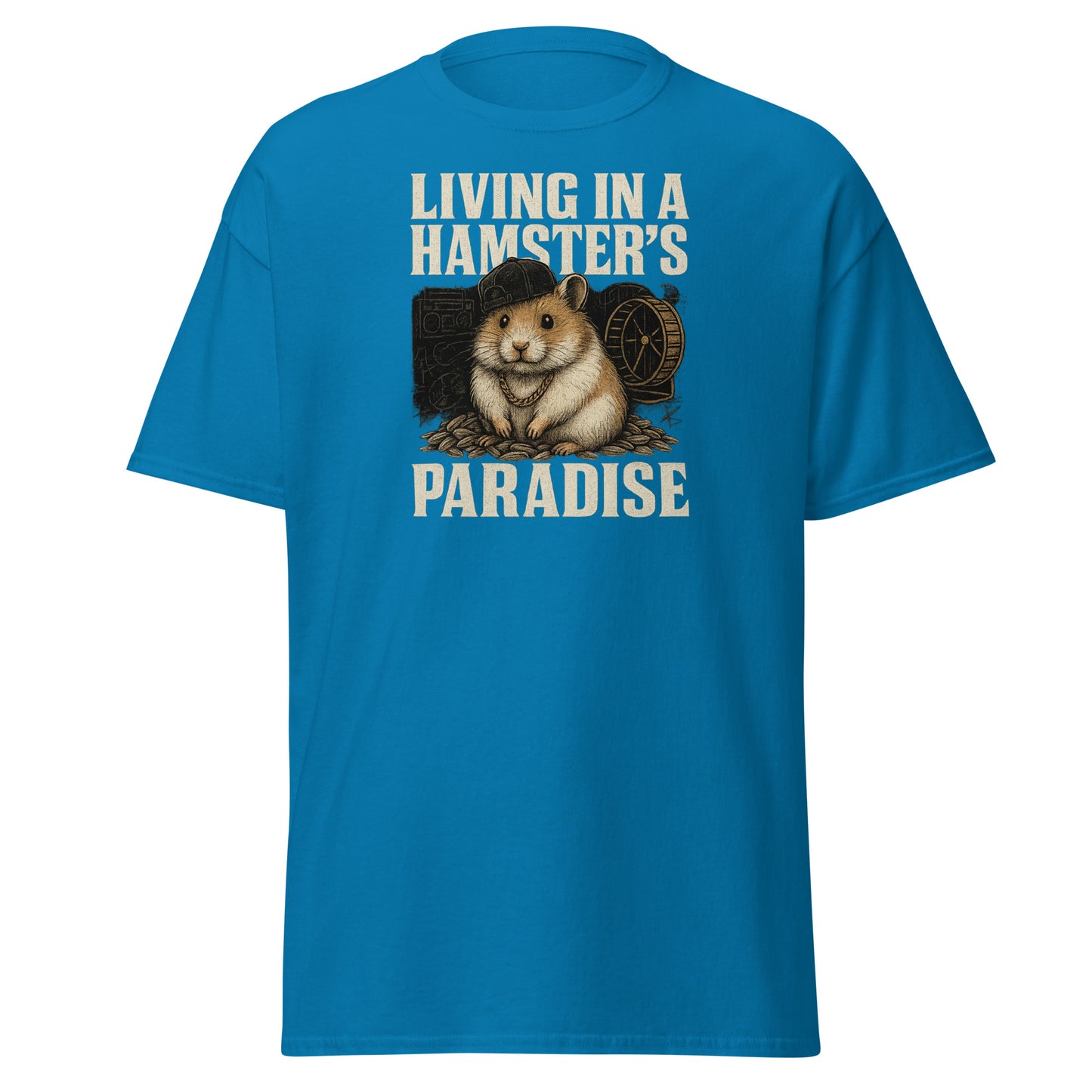 Blue t-shirt with a hamster graphic and text on a white background