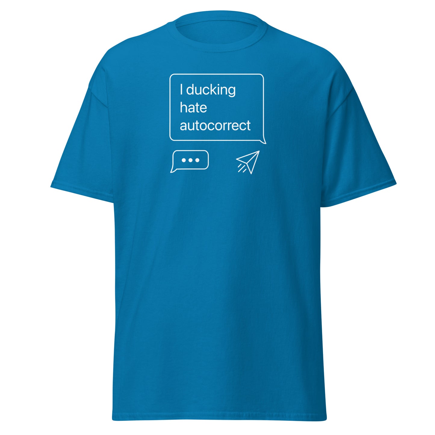 Blue t-shirt with white text and graphics on a white background