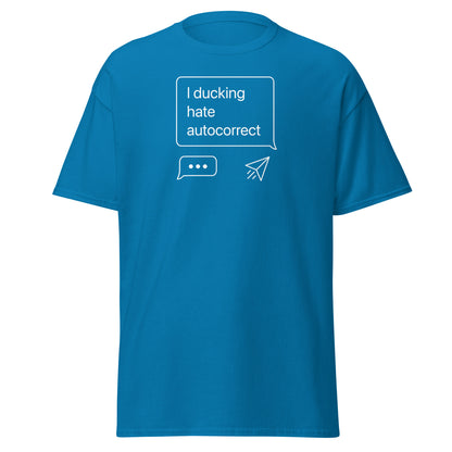 Blue t-shirt with white text and graphics on a white background