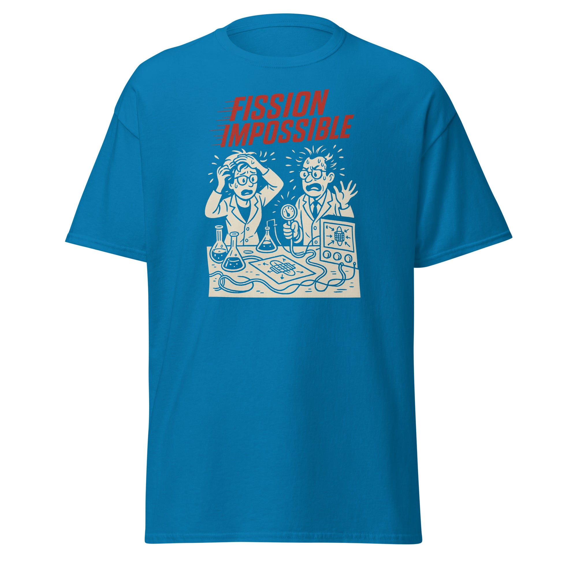 Blue t-shirt with a graphic design and text 'FISSION IMPOSSIBLE' on a white background