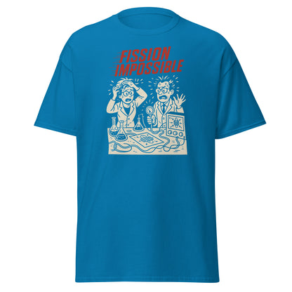 Blue t-shirt with a graphic design and text 'FISSION IMPOSSIBLE' on a white background