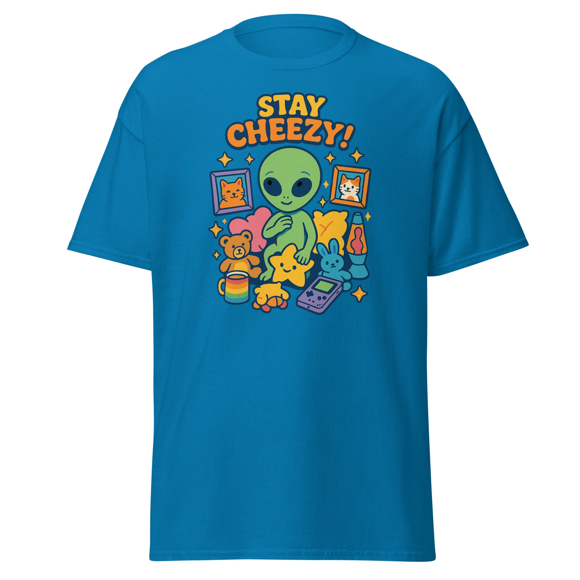 Blue t-shirt with colorful graphic and 'Stay Cheezy!' text on a white background