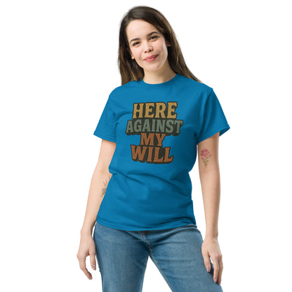 Woman wearing a blue t-shirt with text on a white background