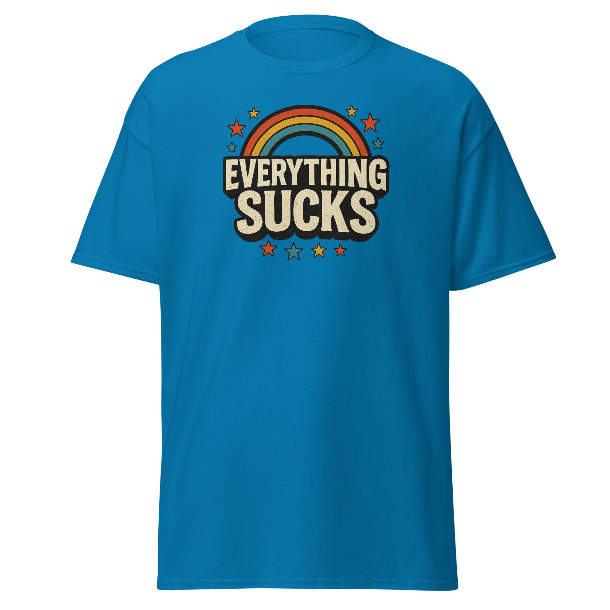 Blue t-shirt with 'Everything Sucks' graphic design on a white background