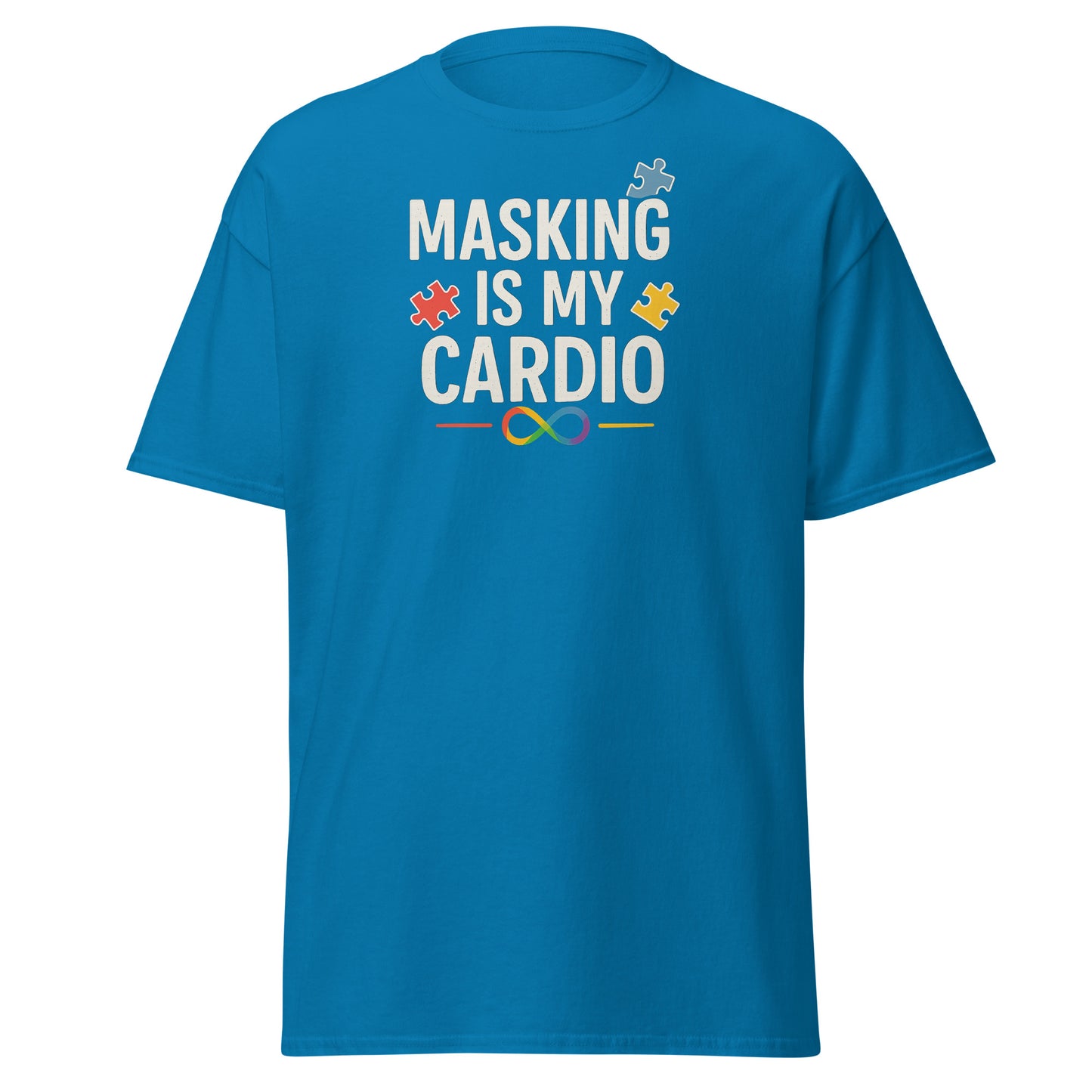 Blue t-shirt with 'Masking is my Cardio' text and puzzle piece graphics on a white background