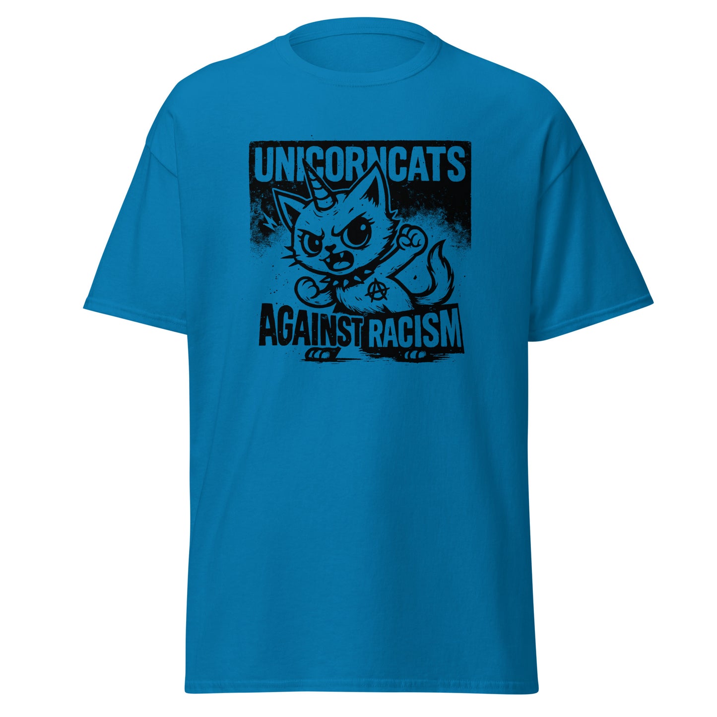 Blue shirt with a unicorncat and the slogan "Unicorncats against racism"