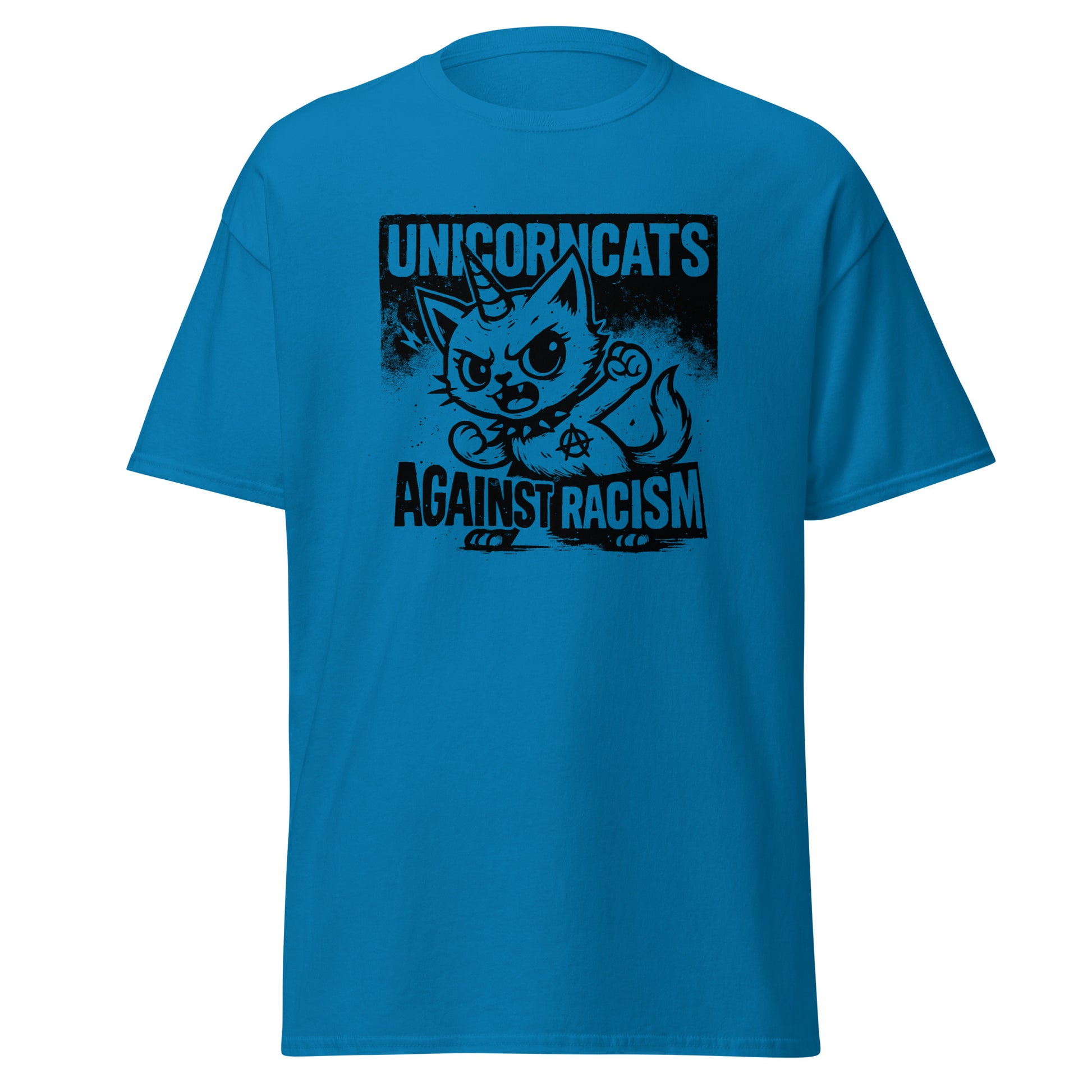 Blue shirt with a unicorncat and the slogan "Unicorncats against racism"
