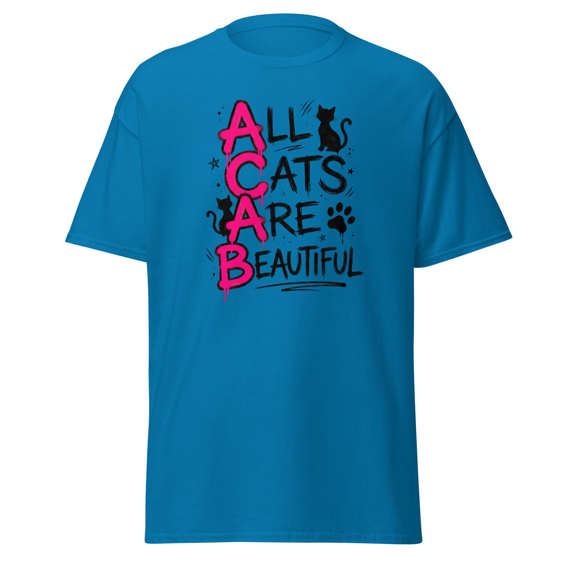 Blue t-shirt with 'All Cats Are Beautiful' text and cat graphics on a white background