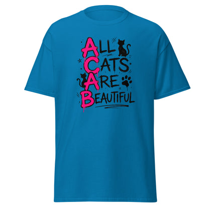 Blue t-shirt with 'All Cats Are Beautiful' text and cat graphics on a white background